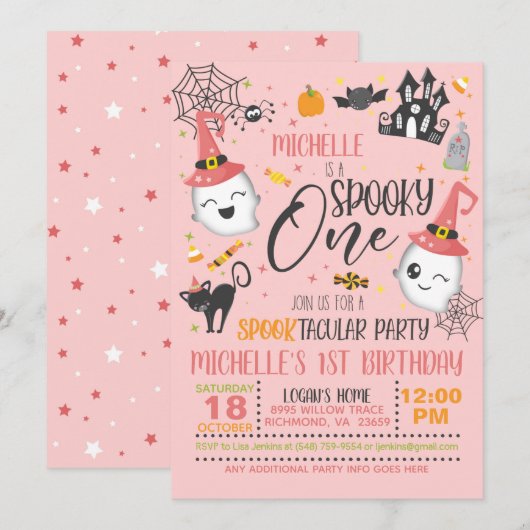 Spooky One Birthday Invitation - Roze Kaart (Voorkant / Achterkant)