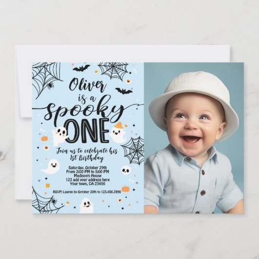 Spooky One Blue Ghost Halloween Invite with Photo Kaart (Voorkant)