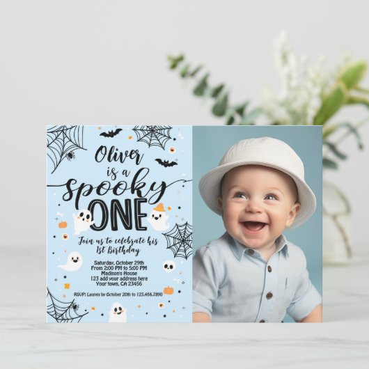 Spooky One Blue Ghost Halloween Invite with Photo Kaart (Staand voorkant)
