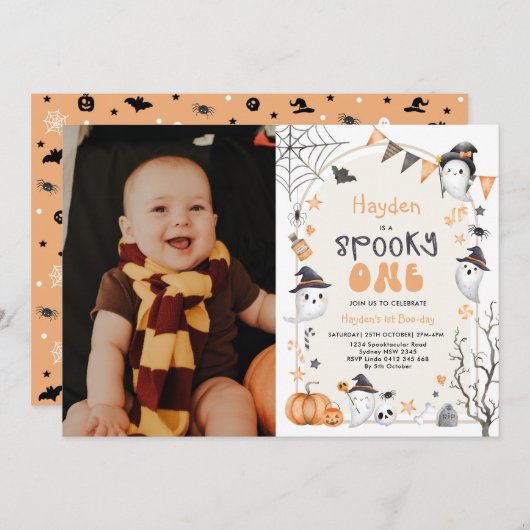 Spooky One Cute Ghost 1st Birthday Photo Invitatio Kaart (Voorkant / Achterkant)