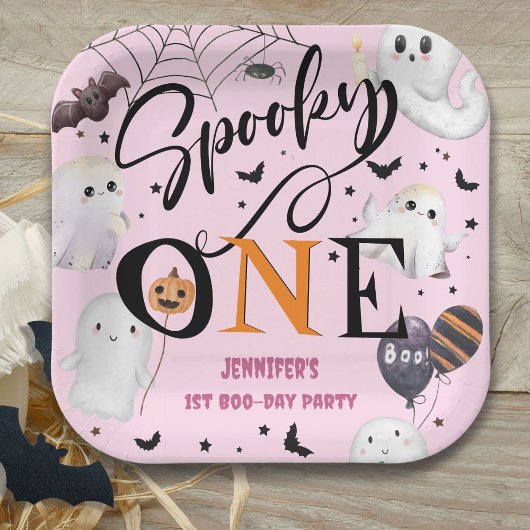 Spooky One Girl Pink Halloween 1e verjaardag Papieren Bordje