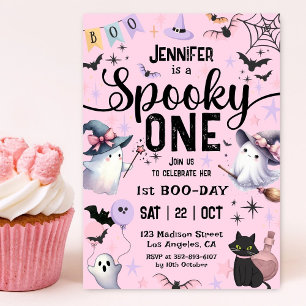Spooky One Halloween 1st Birthday Ghosts Girl Pink Kaart