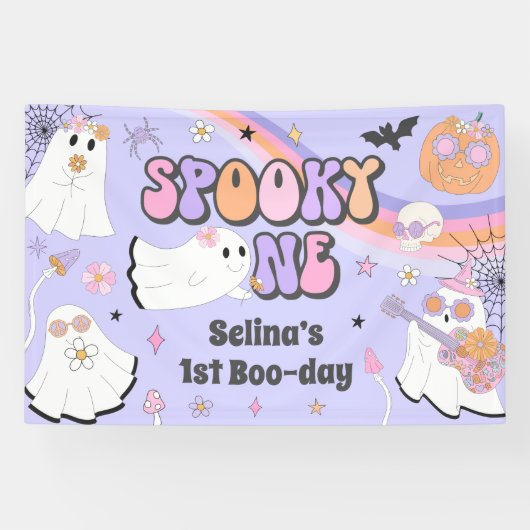 Spooky One Halloween Groovy Ghost 1e verjaardag Spandoek (Horizontaal)