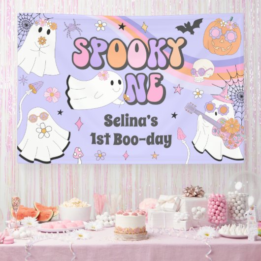 Spooky One Halloween Groovy Ghost 1e verjaardag Spandoek (Feest)