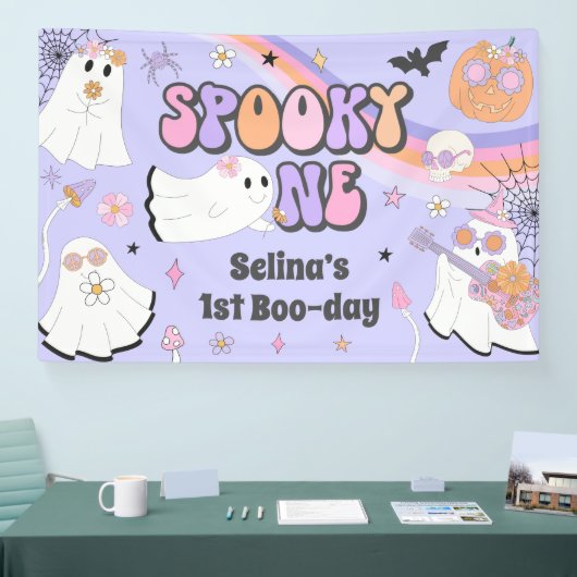 Spooky One Halloween Groovy Ghost 1e verjaardag Spandoek (Beurs)