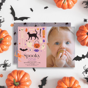 Spooky One Halloween Roze 1e Verjaardag Foto Kaart
