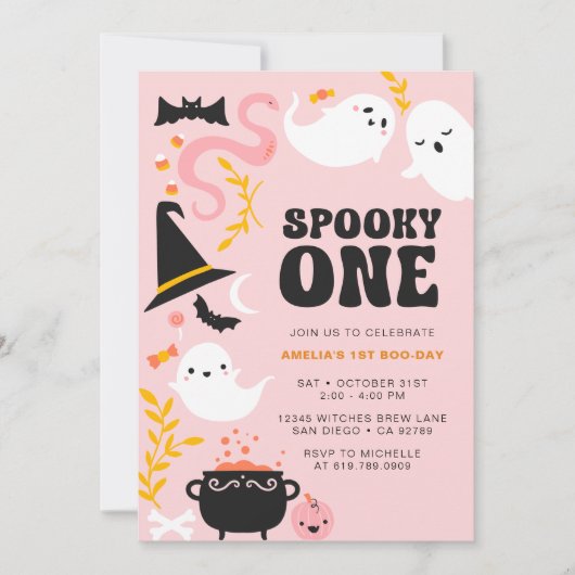 SPOOKY ONE Leuke en Moderne Roze Spook Uitnodiging (Voorkant)