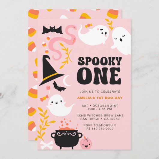 SPOOKY ONE Leuke en Moderne Roze Spook Uitnodiging (Voorkant / Achterkant)