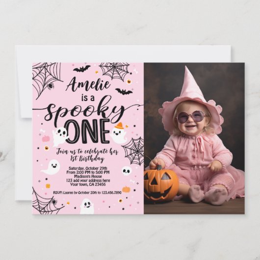 Spooky One Pink Ghost Halloween Invite with Photo Kaart (Voorkant)