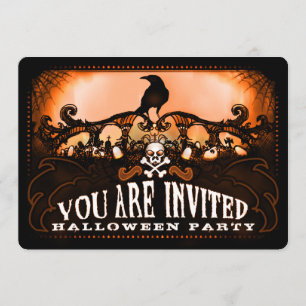 Spooky Oranje & Black Raven Halloween Party Invite Kaart