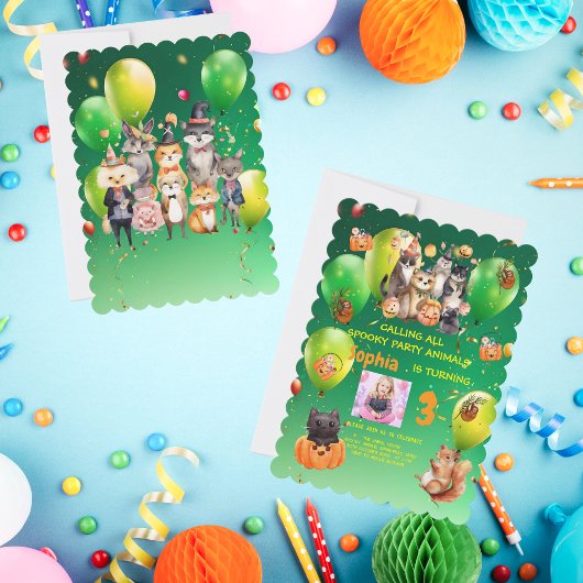 Spooky Party Animals Theme Kids Verjaardag Uitnodi Kaart