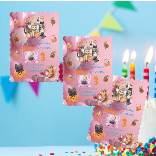 Spooky Party Animals Theme Kids Verjaardag Uitnodi Kaart