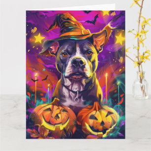 Spooky Pitbull Hond Halloween Heks en Pompoen Kaart