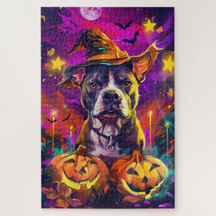 Spooky Pitbull Hond Halloween Heks en Pompoen Legpuzzel