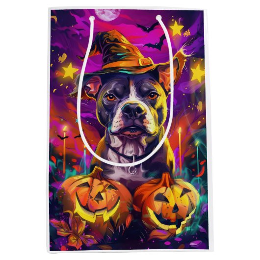 Spooky Pitbull Hond Halloween Heks en Pompoen Medium Cadeauzakje (Voorkant)