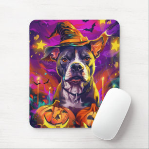 Spooky Pitbull Hond Halloween Heks en Pompoen Muismat