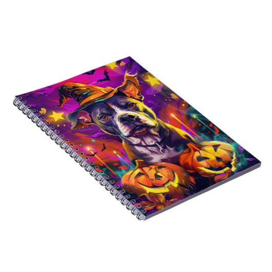 Spooky Pitbull Hond Halloween Heks en Pompoen Notitieboek (Rechterzijde)
