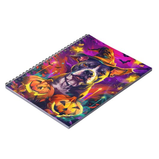 Spooky Pitbull Hond Halloween Heks en Pompoen Notitieboek (Linkerzijde)