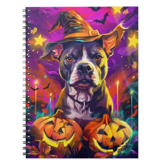 Spooky Pitbull Hond Halloween Heks en Pompoen Notitieboek (Voorkant)