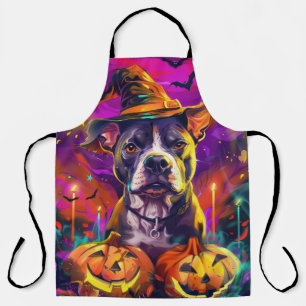 Spooky Pitbull Hond Halloween Heks en Pompoen Schort