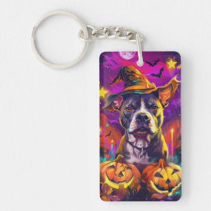Spooky Pitbull Hond Halloween Heks en Pompoen Sleutelhanger