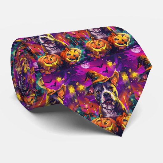 Spooky Pitbull Hond Halloween Heks en Pompoen Stropdas (Opgerold)