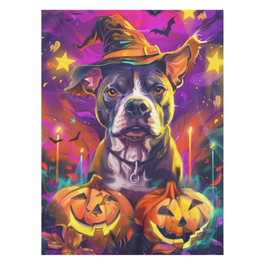 Spooky Pitbull Hond Halloween Heks en Pompoen Tafelkleed (Voorkant)