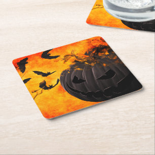 Spooky pompoen en vleermuizen illustratie vierkante kartonnen onderzetter