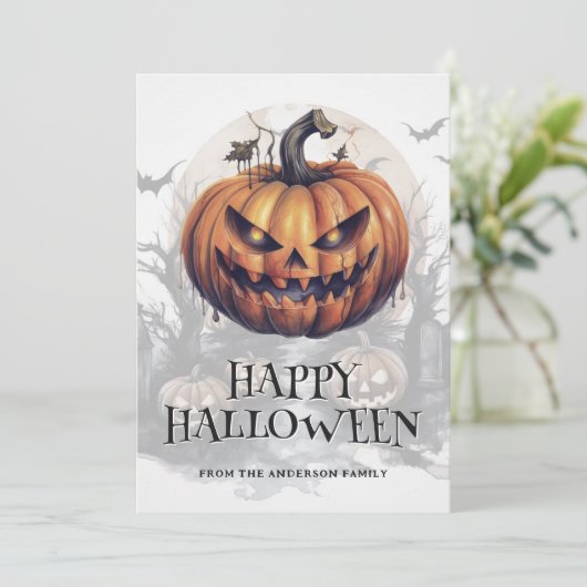 Spooky pompoen vleermuizen maan kalligrafie Hallow Feestdagenkaart (Staand voorkant)