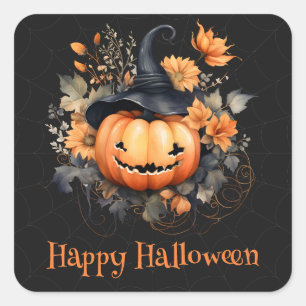 Spooky Pompoen Web Zwart Sinaasappel Happy Hallowe Vierkante Sticker