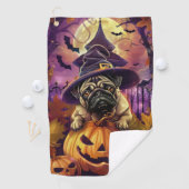 Spooky Pug Dog Halloween Witch and Pumpkin Golfhanddoek (Insitu)