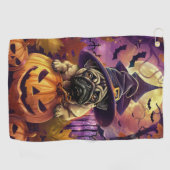 Spooky Pug Dog Halloween Witch and Pumpkin Golfhanddoek (Horizontaal)