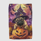 Spooky Pug Dog Halloween Witch and Pumpkin Golfhanddoek (Voorkant)