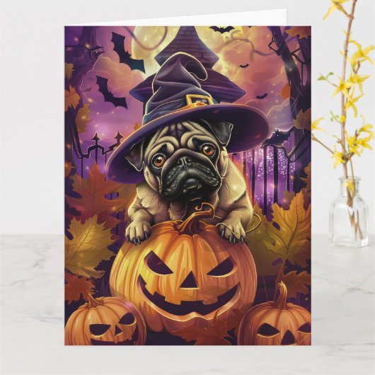 Spooky Pug Dog Halloween Witch and Pumpkin Kaart (Gele Bloem)
