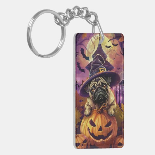 Spooky Pug Dog Halloween Witch and Pumpkin Sleutelhanger (Voorkant Links)
