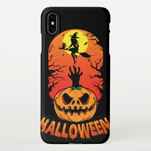 Spooky Pumpkin en Witch Flying Broom tegen Moon iPhone Hoesje (Achterkant)