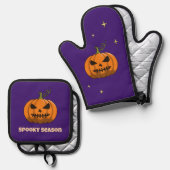 Spooky Pumpkin Season Oven Mitt & Pot Holder Set (Voorkant / Achterkant)