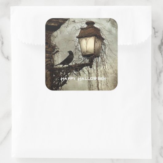Spooky Raven op Lantaarn Halloween Vierkante Sticker (Tas)
