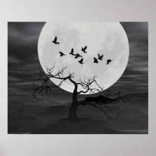 Spooky Ravens Vliegen tegen de Volle Maan Poster