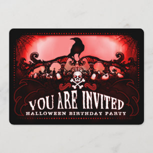 Spooky Red & Black Raven Halloween Verjaardagsfees Kaart