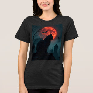 Spooky Rooftop Cat Under Blood Moon Tri-Blend Shirt