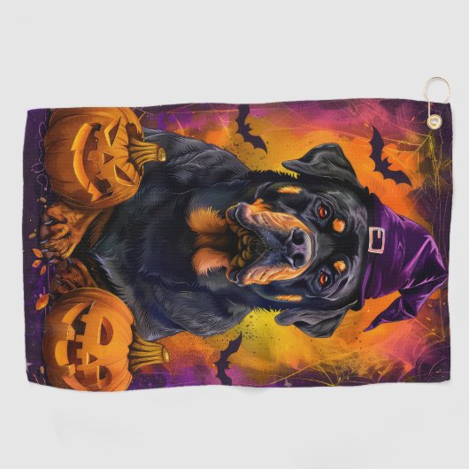 Spooky Rottweiler Hond Halloween Heks en Pompoen Golfhanddoek (Horizontaal)
