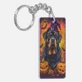 Spooky Rottweiler Hond Halloween Heks en Pompoen Sleutelhanger (Voorkant Links)