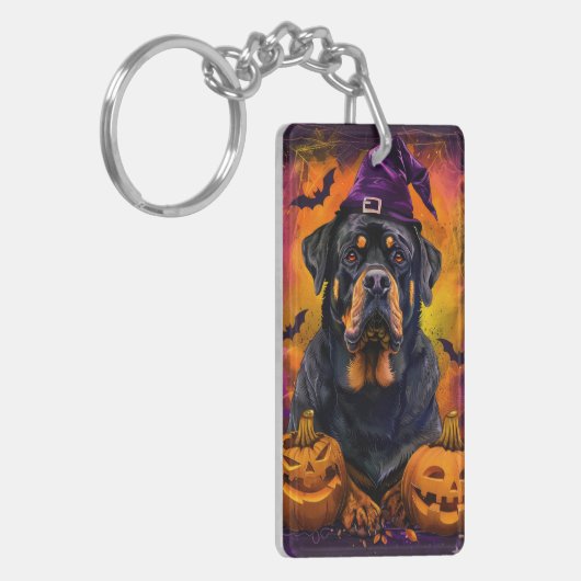 Spooky Rottweiler Hond Halloween Heks en Pompoen Sleutelhanger (Voorkant Links)