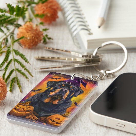 Spooky Rottweiler Hond Halloween Heks en Pompoen Sleutelhanger (Voorkant Rechts)