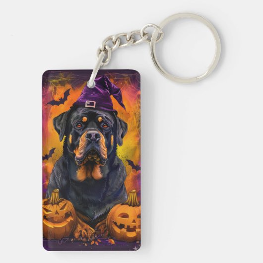 Spooky Rottweiler Hond Halloween Heks en Pompoen Sleutelhanger (achterkant)