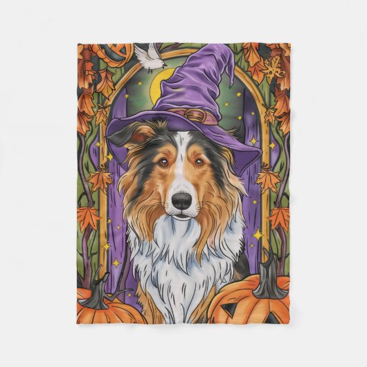 Spooky Rough Collie Dog Halloween Witch Pumpkin Fleece Deken (Voorkant)
