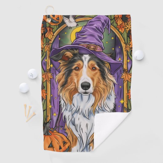 Spooky Rough Collie Dog Halloween Witch Pumpkin Golfhanddoek (Insitu)