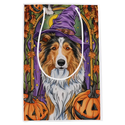 Spooky Rough Collie Dog Halloween Witch Pumpkin Medium Cadeauzakje (Voorkant)
