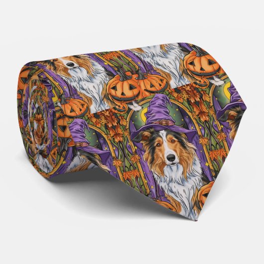 Spooky Rough Collie Dog Halloween Witch Pumpkin Stropdas (Opgerold)